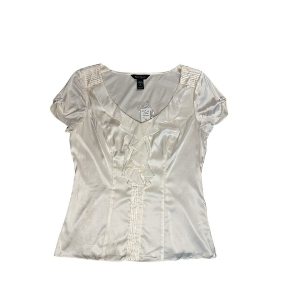 White House Black Market Silk Stretch Blouse Size 8 Ivory Ruffle Short Sleeve - Picture 1 of 8